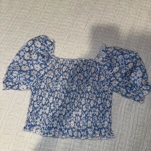 SHEIN Blue Floral Puff Sleeve Blouse
